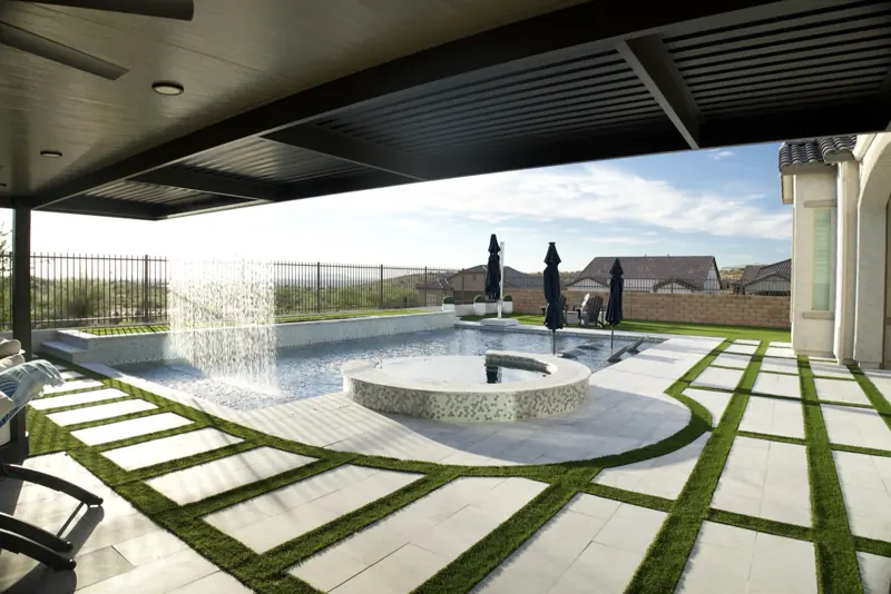 Ramada, turf and pool in daylight, filmed by Maken Media